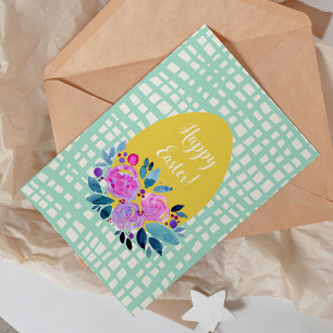 Happy Easter rustic plaid floral orange egg Card