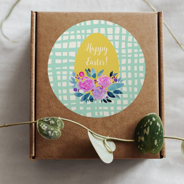 Happy Easter rustic plaid floral orange egg Classic Round Sticker (Creator Uploaded)