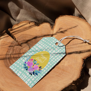 Happy Easter rustic plaid floral orange egg Gift Tags