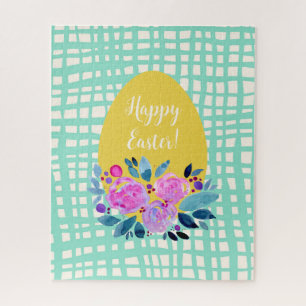 Happy Easter rustic plaid floral orange egg Jigsaw Puzzle