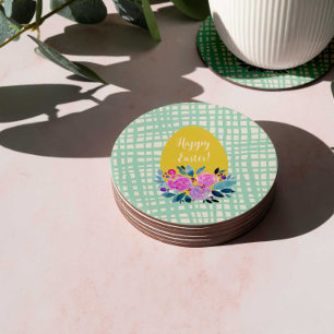 Happy Easter rustic plaid floral orange egg Round Paper Coaster