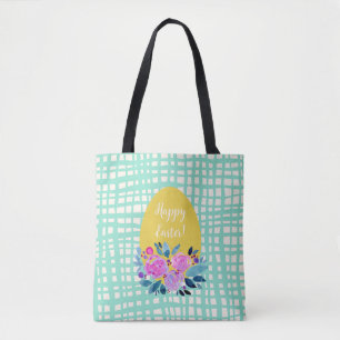 Happy Easter rustic plaid floral orange egg Tote Bag