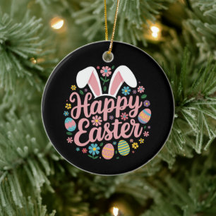 Happy Easter Sayings Egg Bunny Ceramic Ornament