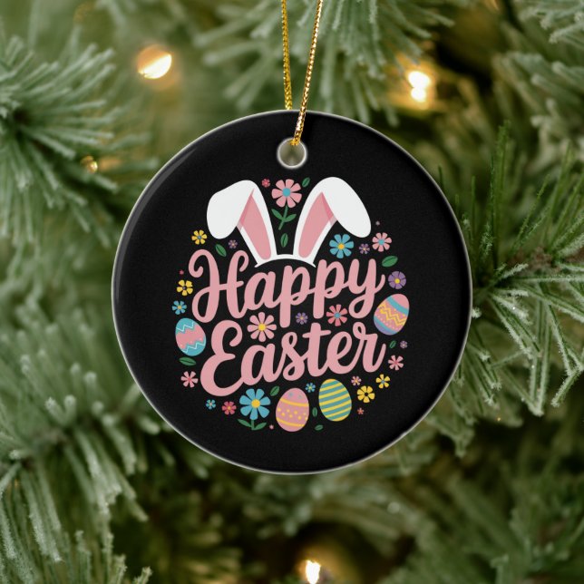 Happy Easter Sayings Egg Bunny Ceramic Ornament (Tree)