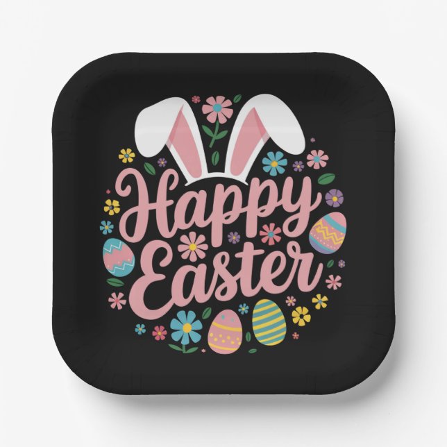 Happy Easter Sayings Egg Bunny Paper Plate (Front)