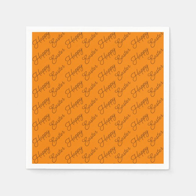 Happy Easter Script Brown on Orange Paper Napkin (Front)