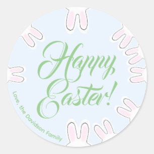 Happy Easter script cute funny bunnies custom fun  Classic Round Sticker