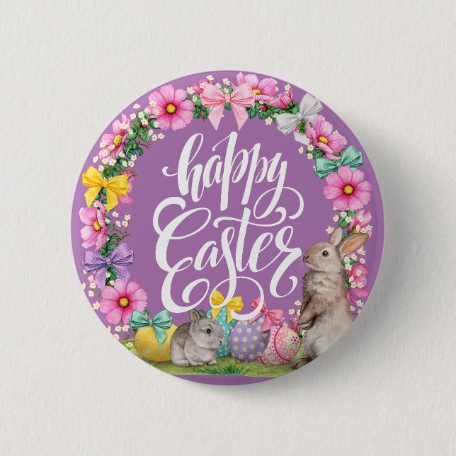 Happy Easter Script Floral lavender Easter Bunny   2 Inch Round Button (Front)