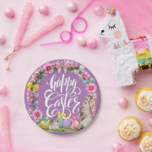 Happy Easter Script Floral lavender Easter Bunny   Paper Plate
