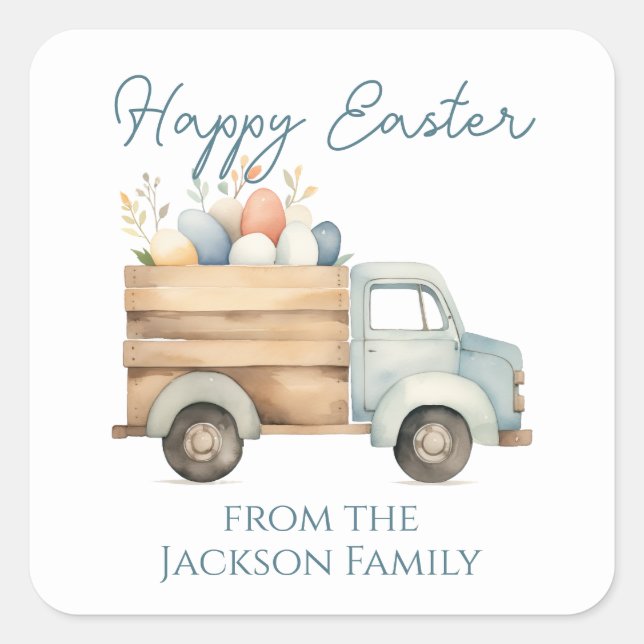 Happy Easter Script Floral Truck Square Sticker (Front)