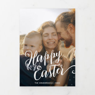 Happy Easter Script Multi Photo Tri-Fold Holiday Card