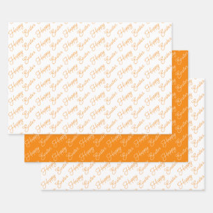 Happy Easter Script Orange and White Wrapping Paper Sheet