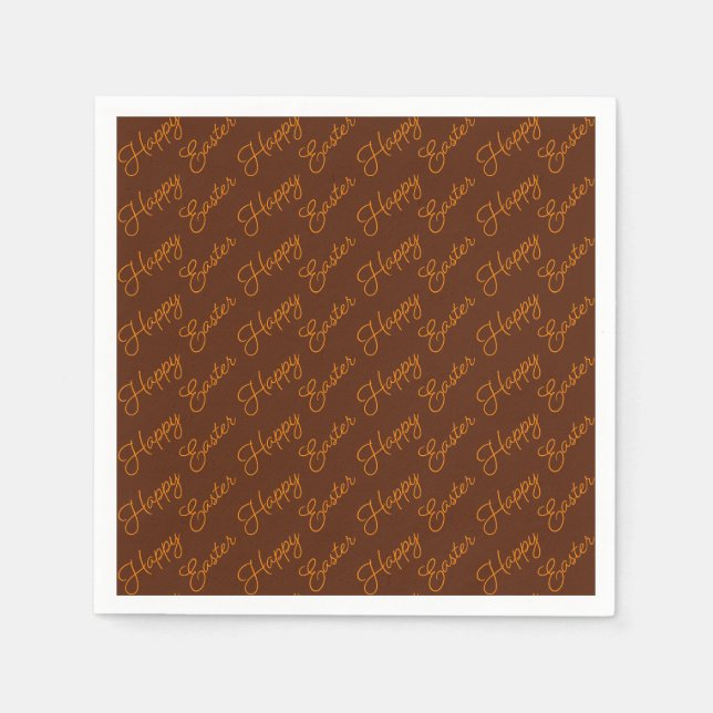 Happy Easter Script Orange on Brown Paper Napkin (Front)