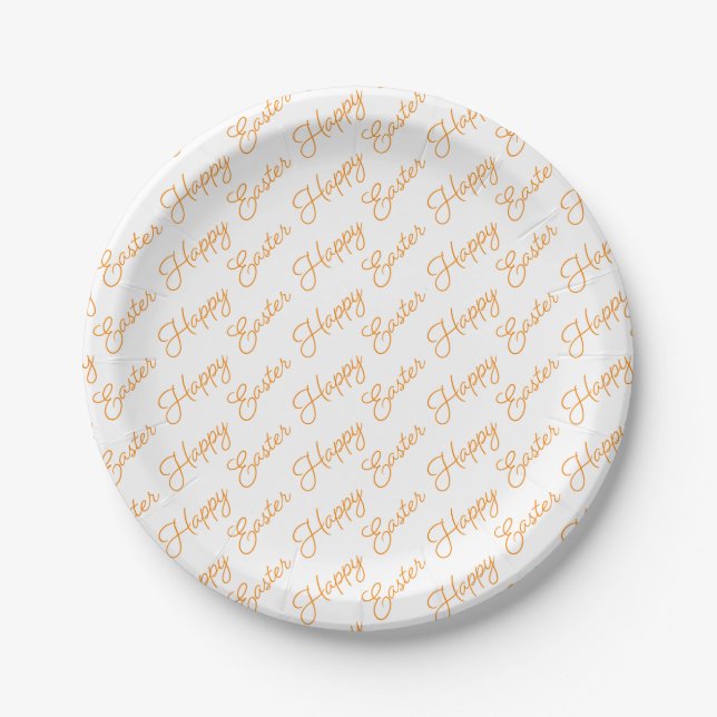 Happy Easter Script Orange on White Paper Plate (Front)