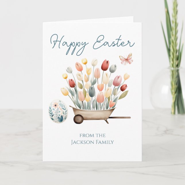 Happy Easter Script Tulip Wheel Barrel Holiday Card (Front)