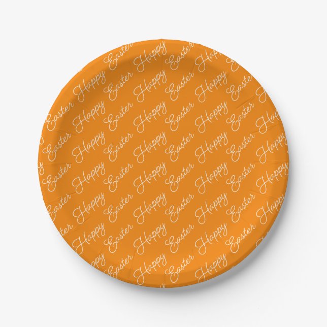 Happy Easter Script White on Orange Paper Plate (Front)