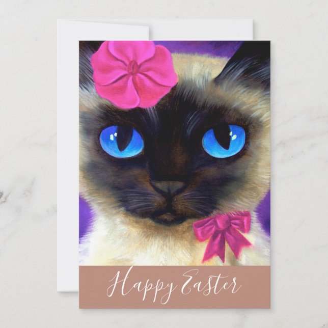 Happy Easter Siamese Cat Kitten Illustration Holiday Card (Front)