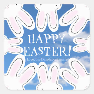 Happy Easter sky blue cute peeking bunnies funny Square Sticker