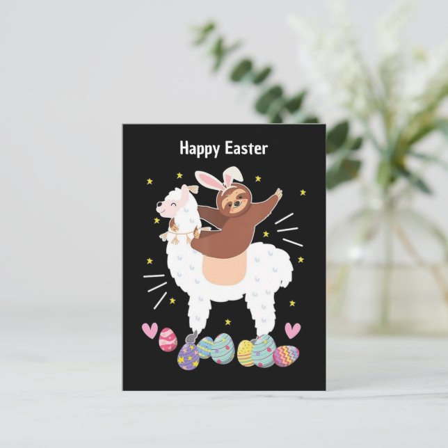 Happy Easter Sloth and llama postcard (Standing Front)