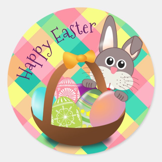 Happy Easter Spring Chequerboard Pattern Classic Round Sticker (Front)