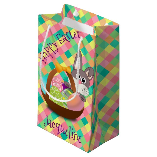 Happy Easter Spring Chequerboard Personalized Small Gift Bag (Front Angled)