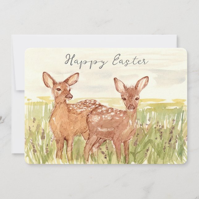 Happy Easter Spring Fawns Deer Wildflower Field Holiday Card (Front)