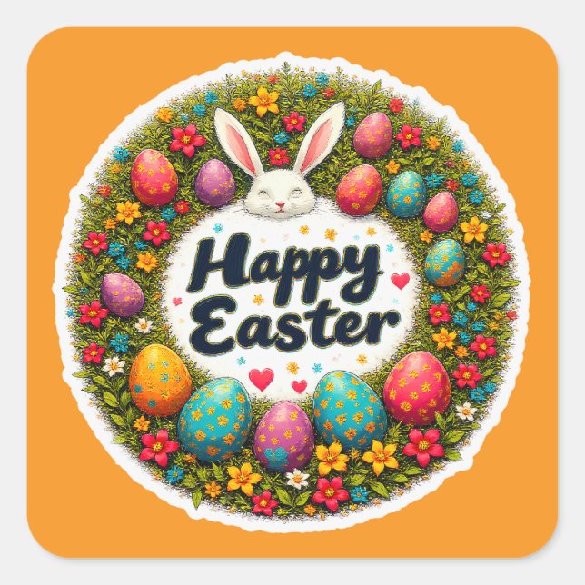 Happy Easter – Spring Floral Circle Autocolante Square Sticker (Front)