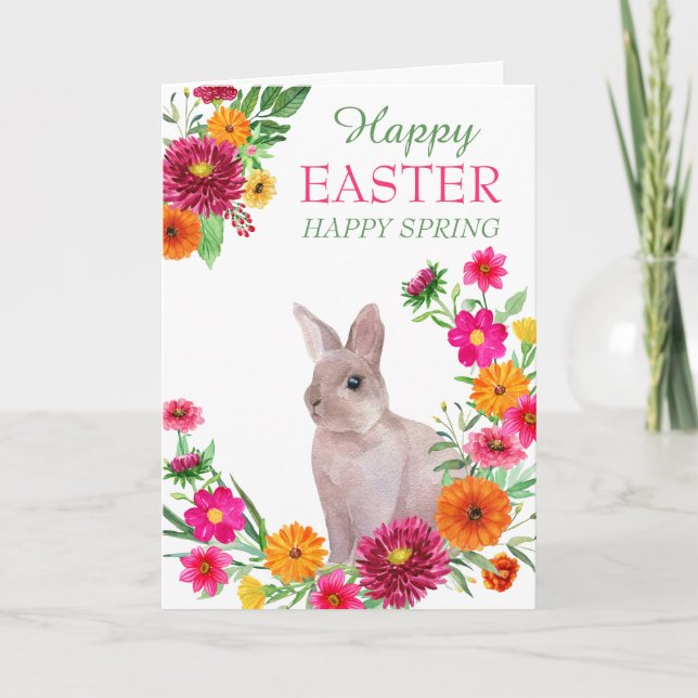 Happy Easter Spring Floral Wreath Bunny Holiday Card (Front)
