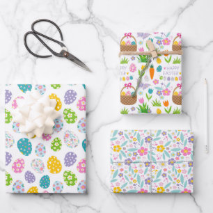 Happy Easter Spring Flowers Easter Eggs Baskets Wrapping Paper Sheet