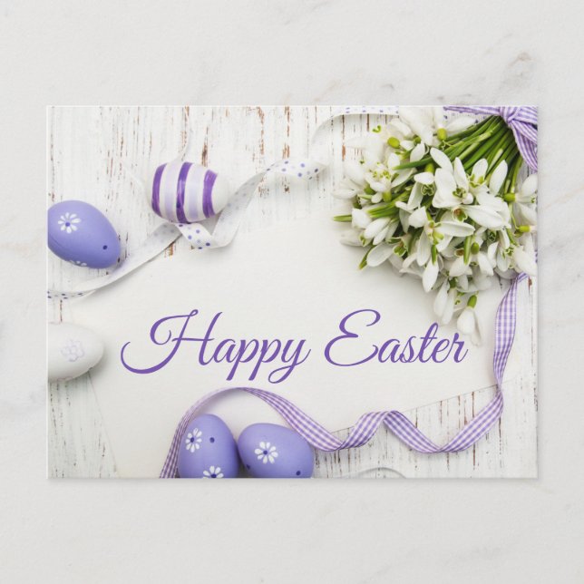 Happy Easter Spring Flowers, Purple Painted Eggs  Postcard (Front)