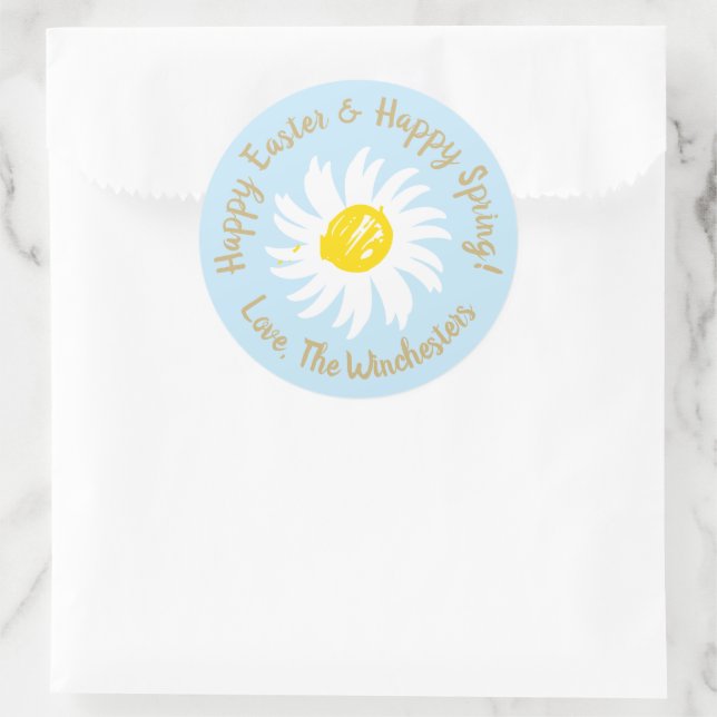 Happy Easter Spring pale blue cute daisy script Classic Round Sticker (Bag)