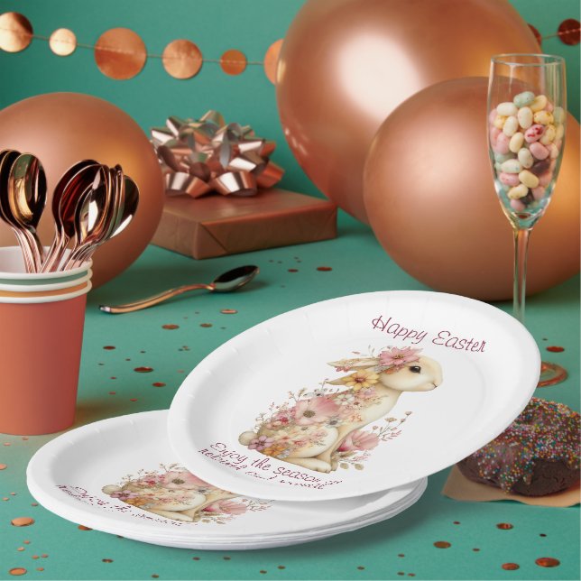 Happy Easter Spring Pink and Yellow Flowers Bunny Paper Plate (Multi)