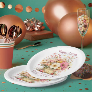 Happy Easter Spring Pink and Yellow Flowers Paper Plate