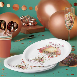 Happy Easter Spring Pink and Yellow Flowers Umbrel Paper Plate