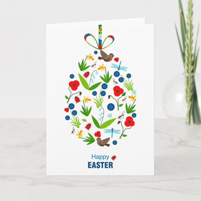 Happy Easter Spring Poppies Flowers Ladybugs Birds Holiday Card (Front)