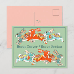 Happy Easter Spring Rabbit Pink Mint Tribal Unique Holiday Postcard