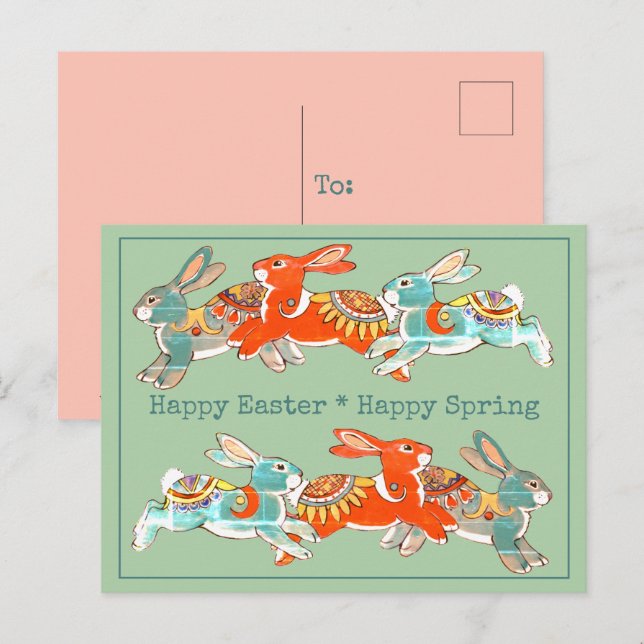 Happy Easter Spring Rabbit Pink Mint Tribal Unique Holiday Postcard (Front/Back)