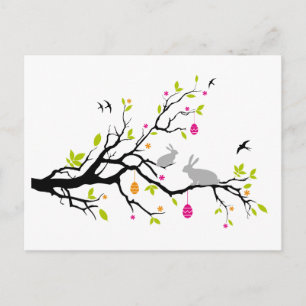 Happy Easter, spring tree with bunnies Holiday Postcard