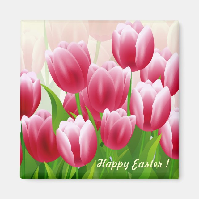 Happy Easter Spring Tulips Easter Gift Magnets (Front)