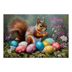 Happy Easter Squirrel with Easter Eggs, Flowers  Poster