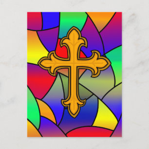 Happy Easter   Stained Glass and Cross   Postcard