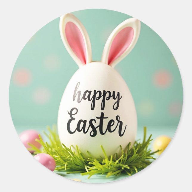 Happy Easter sticker with a bunny ears on the egg  (Front)