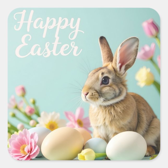 Happy Easter sticker with bunny and flowers (Front)