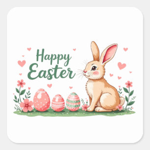 Happy Easter sticker with bunny, eggs and flowers