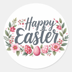 Happy Easter sticker with eggs and flowers