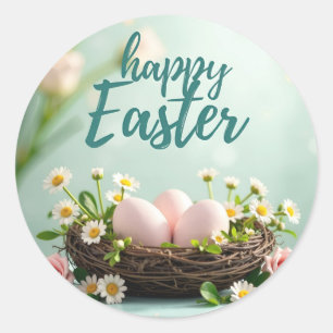 Happy Easter sticker with eggs in a nest