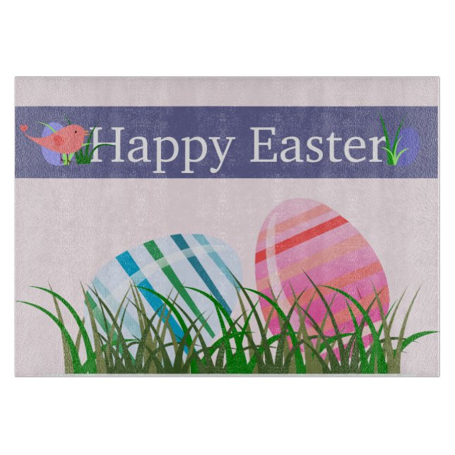 Happy Easter Striped Easter Eggs Glass Cutting Board (Front)
