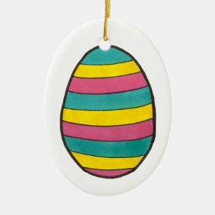 Happy Easter Striped Painted Egg Hunt Egg Ceramic Ornament