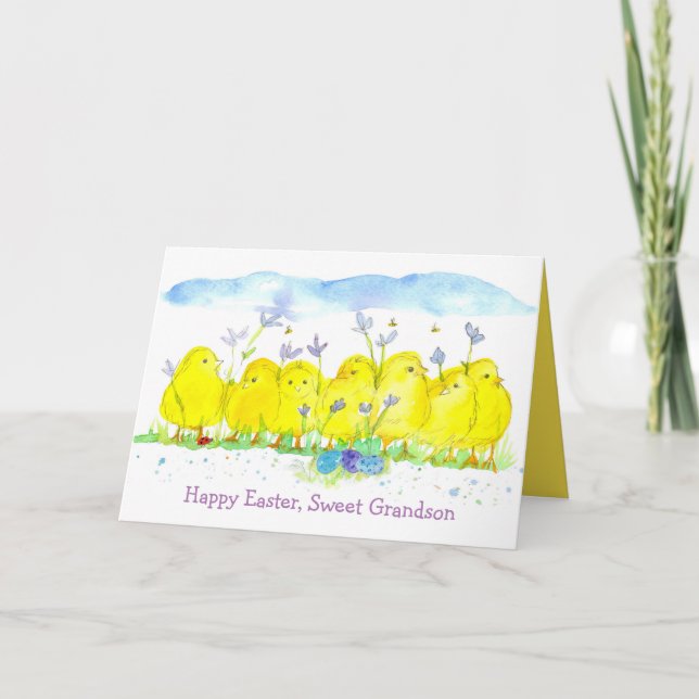 Happy Easter Sweet Grandson Chickens Custom Card (Front)
