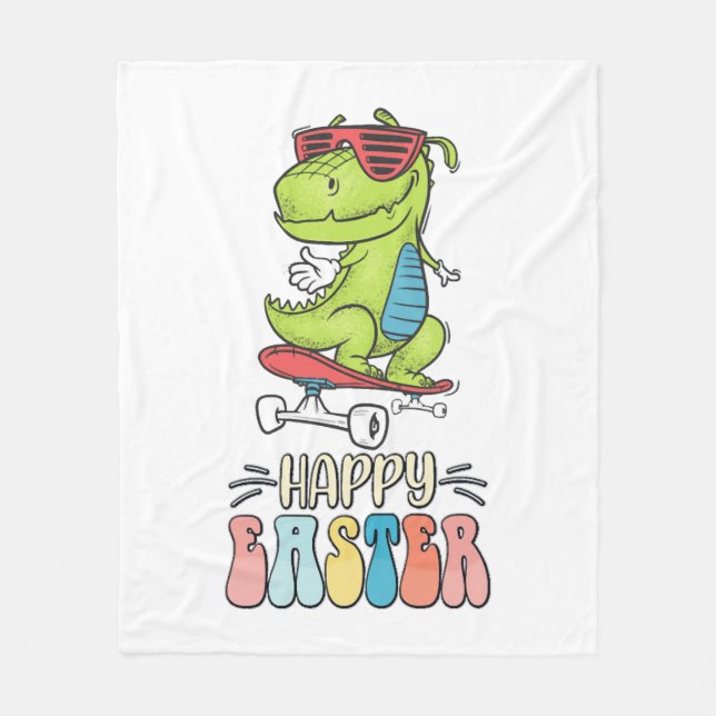 Happy Easter T Rex Dinosaur Bunny Rabbit Eggs Fleece Blanket (Front)